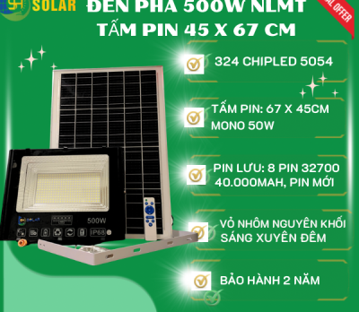 ĐÈN PHA VUÔNG 500W NLMT SH SOLAR CHIPLED 5054 HÀNG THÁO KÍNH