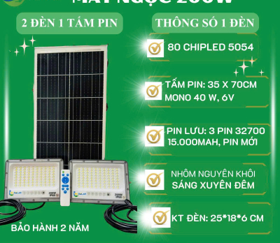 ĐÈN MẮT NGỌC 200W - 1 TẤM PIN 2 ĐÈN SH SOLAR CHIPLED 5054