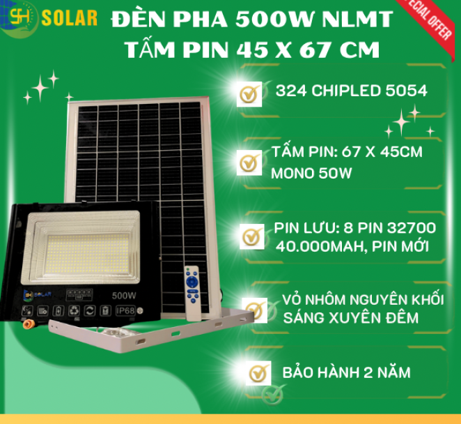 ĐÈN PHA VUÔNG 500W NLMT SH SOLAR CHIPLED 5054 HÀNG THÁO KÍNH