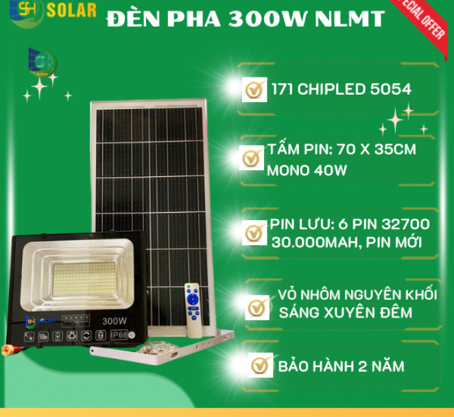 ĐÈN PHA VUÔNG 300W NLMT SH SOLAR CHIPLED 5054 HÀNG THÁO KÍNH