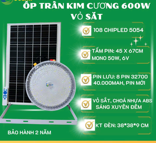 ỐP TRẦN KIM CƯƠNG 600W VỎ SẮT NLMT SH SOLAR CHIPLED 5054 NÂNG CẤP